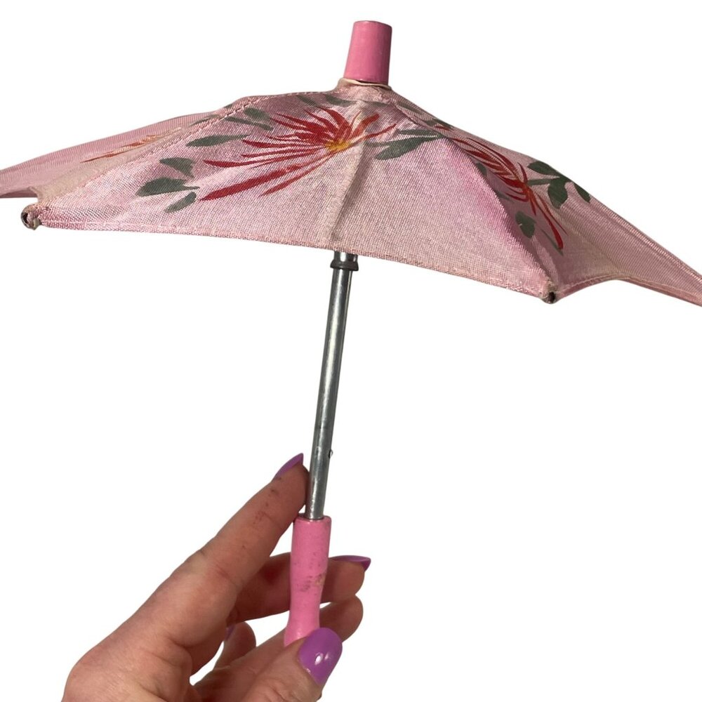 8" Doll Pink Silk Parasol Umbrella With Red Floral Design Wooden Handle Vintage